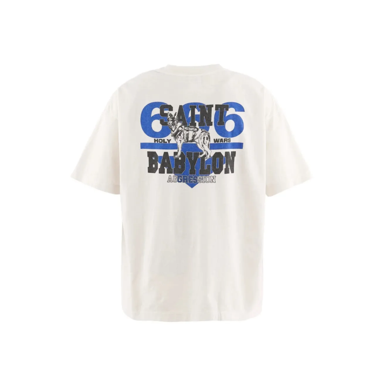 ❥8043 P116 Saint Mxxxxxx✖️BABYLON short-sleeved, off-white main tone, blue "6" + black "SAINT" and "BABYLON" words on the back, super eye-catching! There is a scarab pattern in the middle. Made of pure cotton fabric. 280g. Technology: ink printing. Size: (S-M-L-XL). Color: beige.